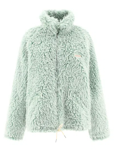 Marni Long Pile Shaggy Faux Fur Hooded Jacket Blue In Green