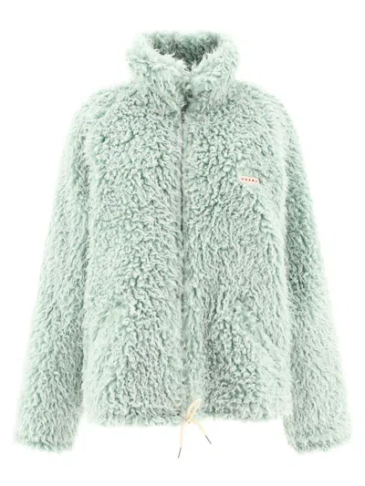 Marni Long Pile Shaggy Faux Fur Hooded Jacket Blue In Green