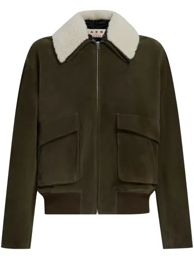 Marni Shearling Collar Zip-up Leather Jacket In Green