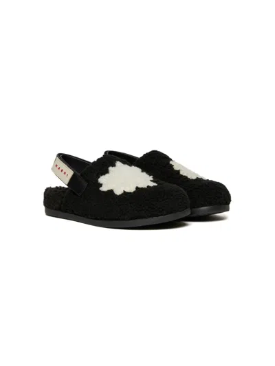 Marni Kids' Shearling Slingback Sandals In Black