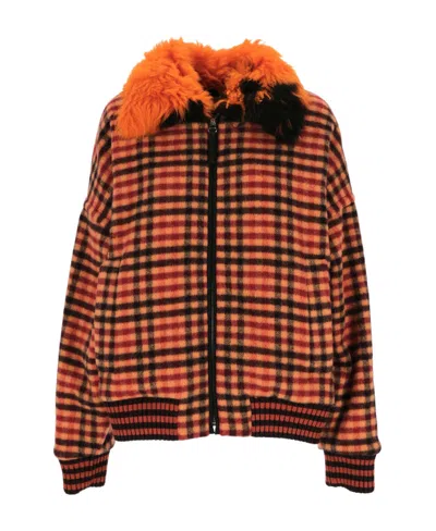 Marni Shearling-trim Checked Bomber Jacket In Brown