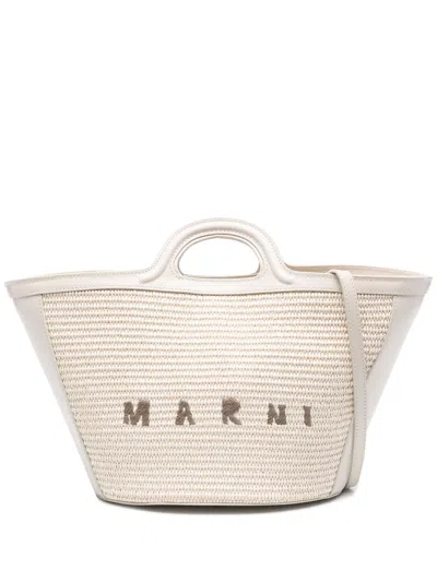 Marni Shell Tropicalia Summer Bag In Leather And Raffia In White