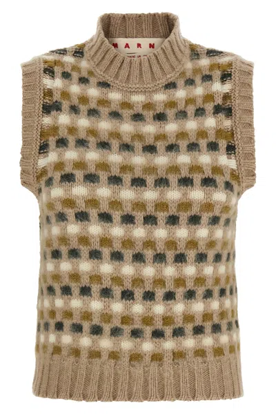 Marni Shetland Acquard Knit Vest In Beige