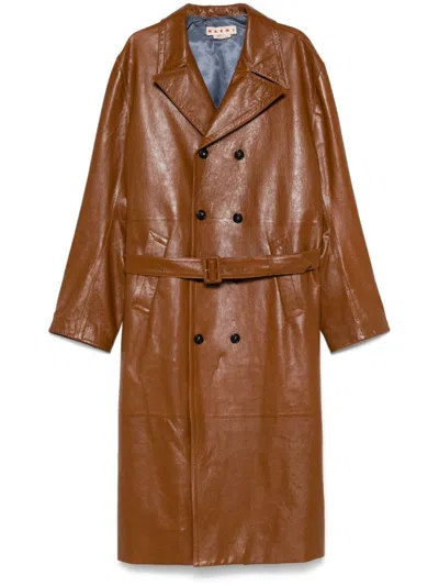 Marni Shiny Leather Coat In Brown