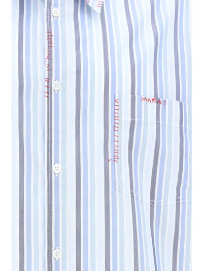 Marni Embroidered Striped Cotton Shirt In Lake