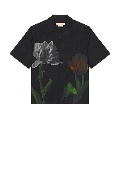 Marni Floral-print Short-sleeve Shirt In Black