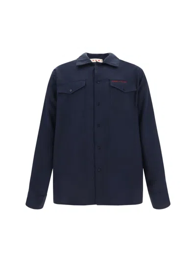 Marni Wool Shirt With Logo Embroidery In Black
