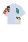 Marni Striped Short Sleeve Shirt With Graphic Patches In Blue