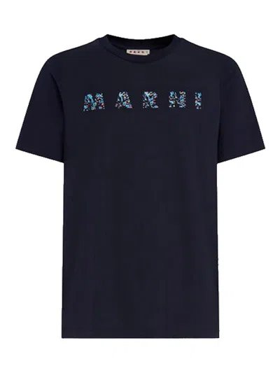 Marni Floral Logo Print Cotton Jersey T-shirt In Blue