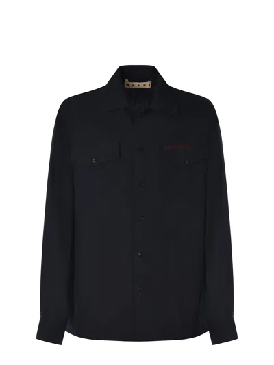 Marni Wool Shirt With Logo Embroidery In Black