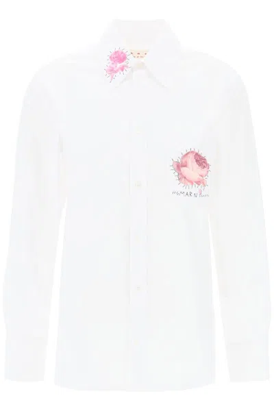 Marni Floral Print Patch Shirt With Hand-embroidered Logo In 白色的