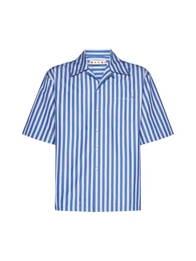 Marni Embroidered Striped Cotton-poplin Shirt In Blue
