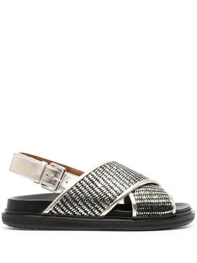 Marni Fussbett Metallic Leather And Raffia Cross-strap Sandals Women In Black