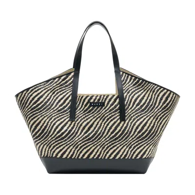 Marni Waves Leather-trimmed Jacquard Faux Raffia Tote In Black