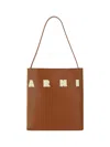 Marni Brown Structured Calfskin Shopping Bag With Ivory Details In Blue