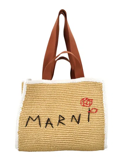 Marni Shopping Bag Medium In Natural/white/rust