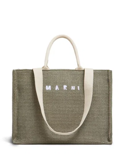 Marni Shopping L Khaki Beige Handles White Logo In Multicolor