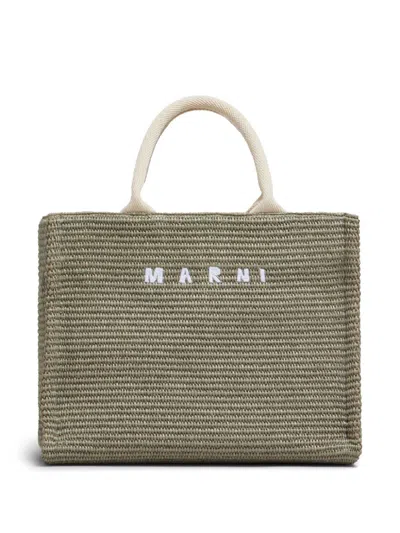 Marni Shopping M Khaki Beige Handles White Logo In Green