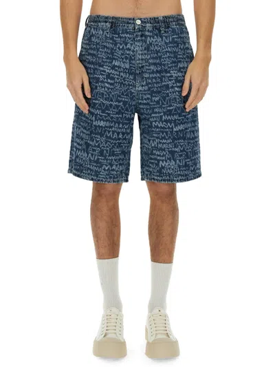 Marni Logo Denim Shorts In Blue