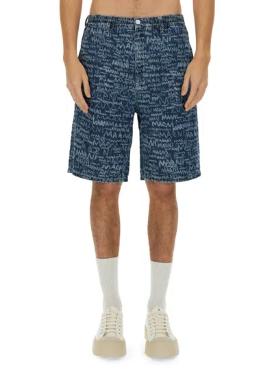 Marni Logo Denim Shorts In Blue