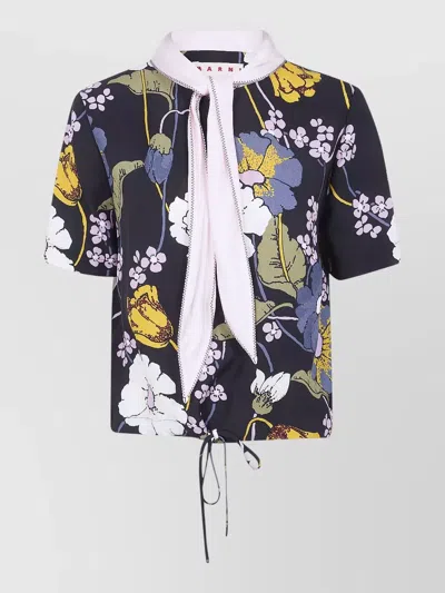 Marni Short Sleeve Collared Neck Top Tie Detail In Multi