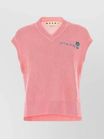 Marni Short Sleeve V Neck Cropped Knit Vest In Pink