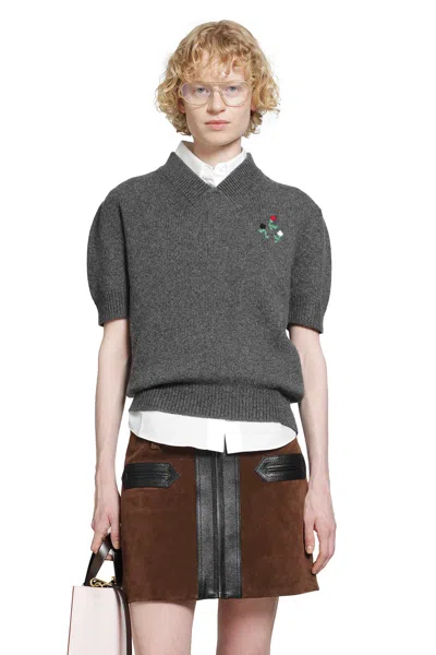 Marni Short Sleeve V-neck Cashmere Sweater In Gray
