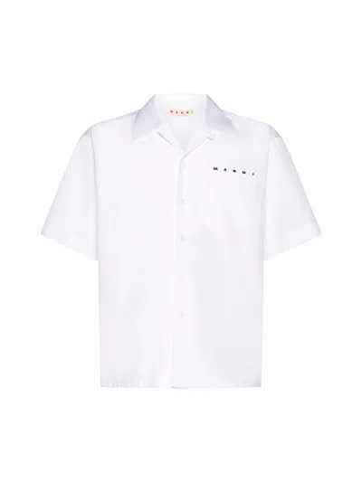 MARNI WHITE ORGANIC POPLIN BOWLING SHIRT WITH LOGO