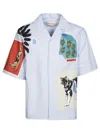 Marni Striped Short Sleeve Shirt With Graphic Patches In Blue