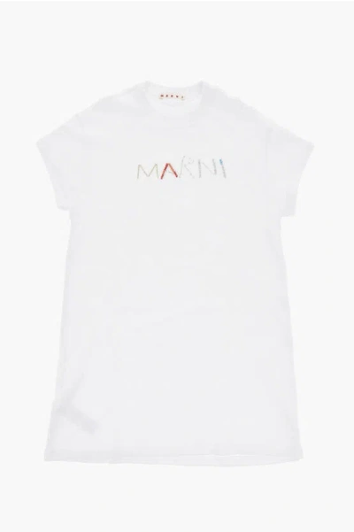 Marni Short-sleeved Sweatshirt Dress With Beaded Logo In White