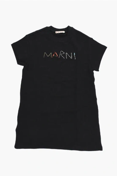 Marni Short-sleeved Sweatshirt Dress With Beaded Logo In Black