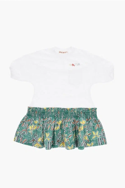 Marni Short Sleeved Tee Dress With Patterned Skirt In Green