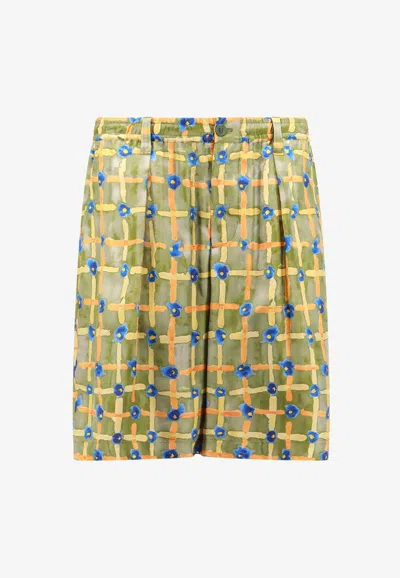 Marni Silk Saraband Shorts With Elastic Waistband In Green