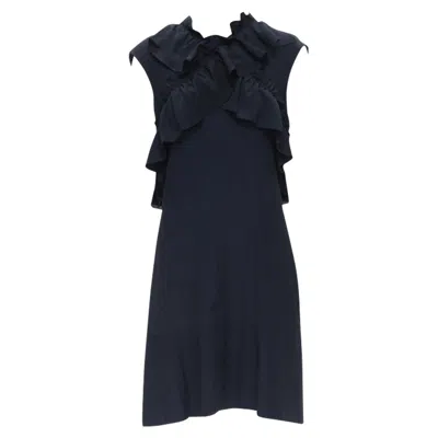 Marni Silk Crepe Cross Ruffle Trim Knee Length Dress In Blue
