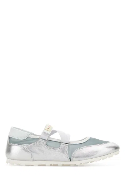 Marni Mini Ballerina Flats With Double Strap And Mesh Insert In Silver