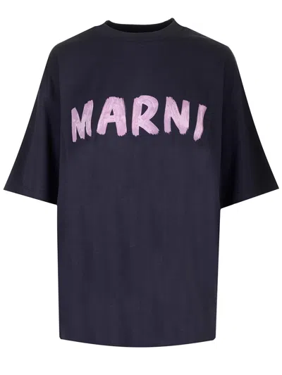 Marni Logo大廓型棉质平纹针织t恤 In Dark Blue