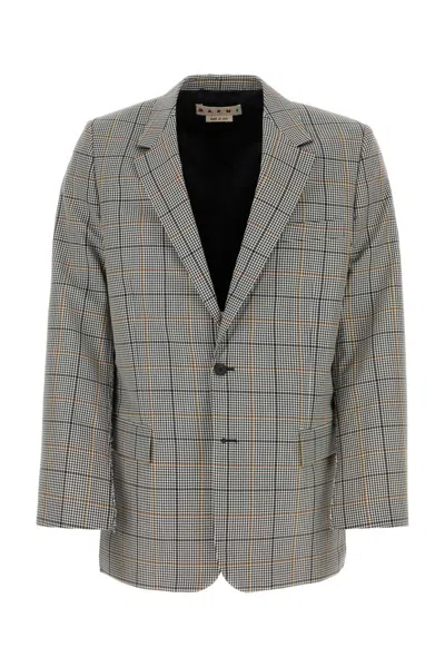 Marni Embroidered Wool Blend Blazer With Double Vent In Grey