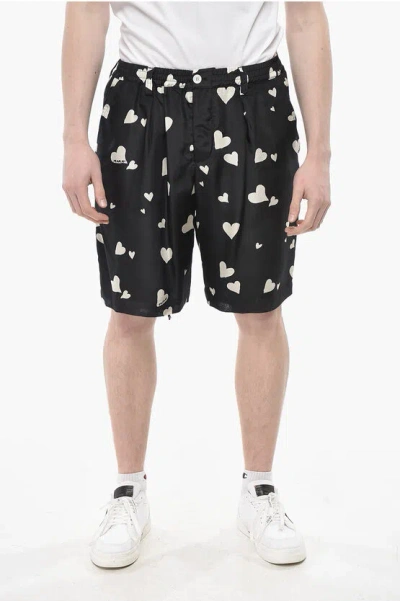 Marni Single-pleat Silk Shorts With Heart Pattern In Black