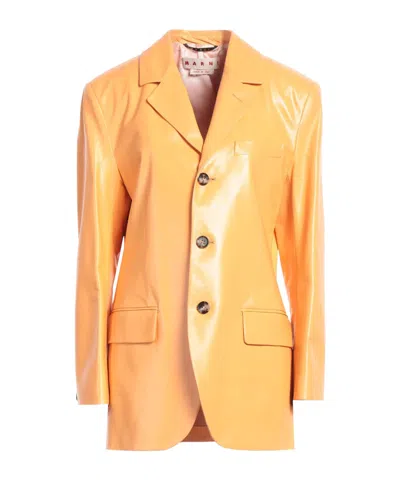 Marni Single-breasted Leather Coat In Orange