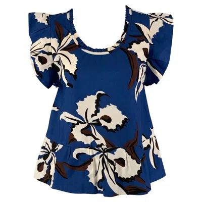 Pre-owned Marni Size 0 Blue & White Cotton Floral Sleeveless Blouse