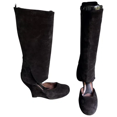 Pre-owned Marni Size 10 / 40 Early 2000s Black Suede Cut - Out Knee High Wedges Boots