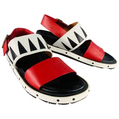 Pre-owned Marni Size 10 Red Black White Color Block Leather Buckle Sandals