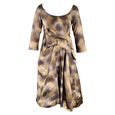 Pre-owned Marni Size 2 Brown Beige Polyester Taffeta Diamond 3/4 Sleeves Dress