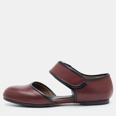Pre-owned Marni Size 37 Burgundy/black Leather Cut Out Mary Jane Flats