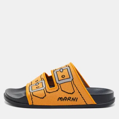 Pre-owned Marni Size 38 Orange Fabric Double Buckle Print Slide Sandals