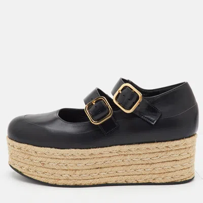 Pre-owned Marni Size 39 Black Leather Platform Espadrille Mary Jane Sandals