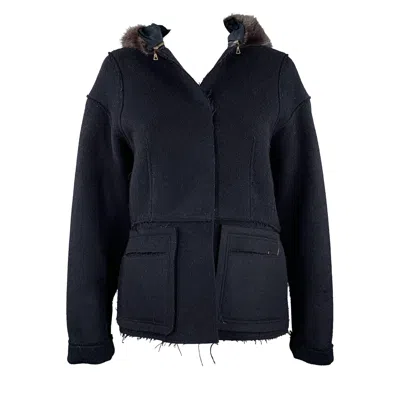 Pre-owned Marni Size 4 Black Wool Blend Raw Edge Hooded Jacket