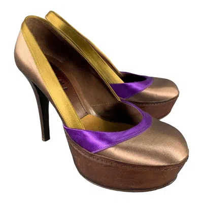 Pre-owned Marni Size 7.5 Bronze Purple Satin Stripe Round Toe Pumps