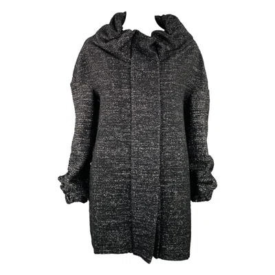 Pre-owned Marni Size 8 Black White Wool Blend Woven Ruched Zip Up Coat