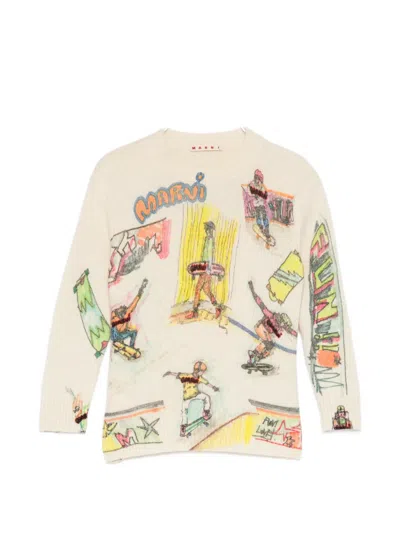 Marni Kids' Skatedboard-print Sweater In White